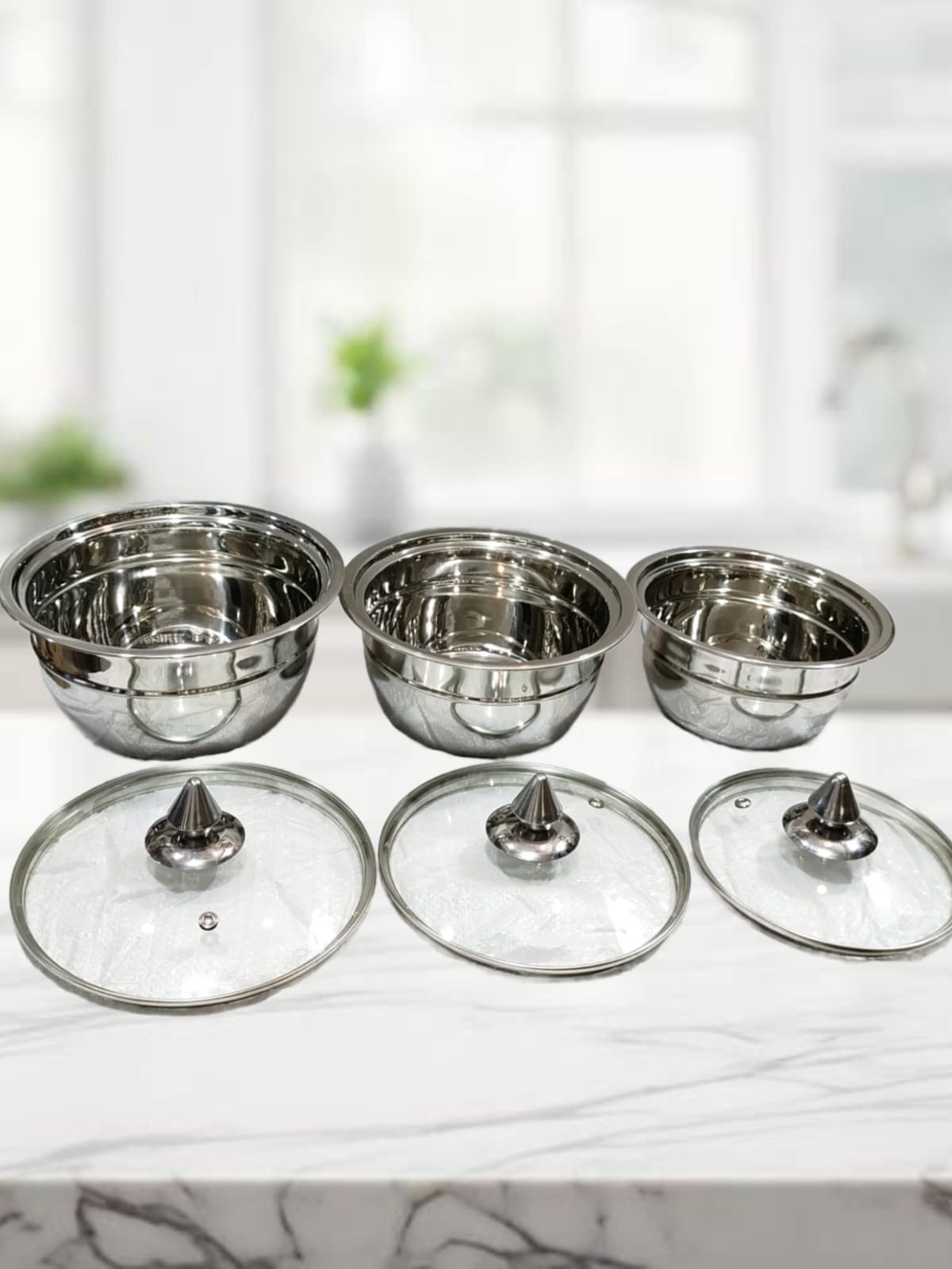 3 pcs Stainless steel serving bowl set with glass lid