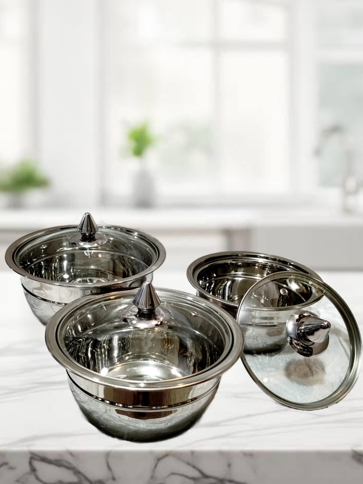 3 pcs Stainless steel serving bowl set with glass lid