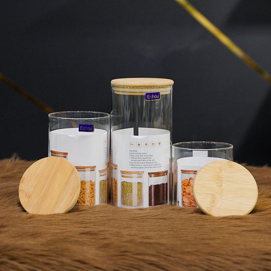 3pcs Bamboo Air-tight Glass storage Jar Set