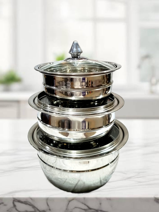 3 pcs Stainless steel serving bowl set with glass lid