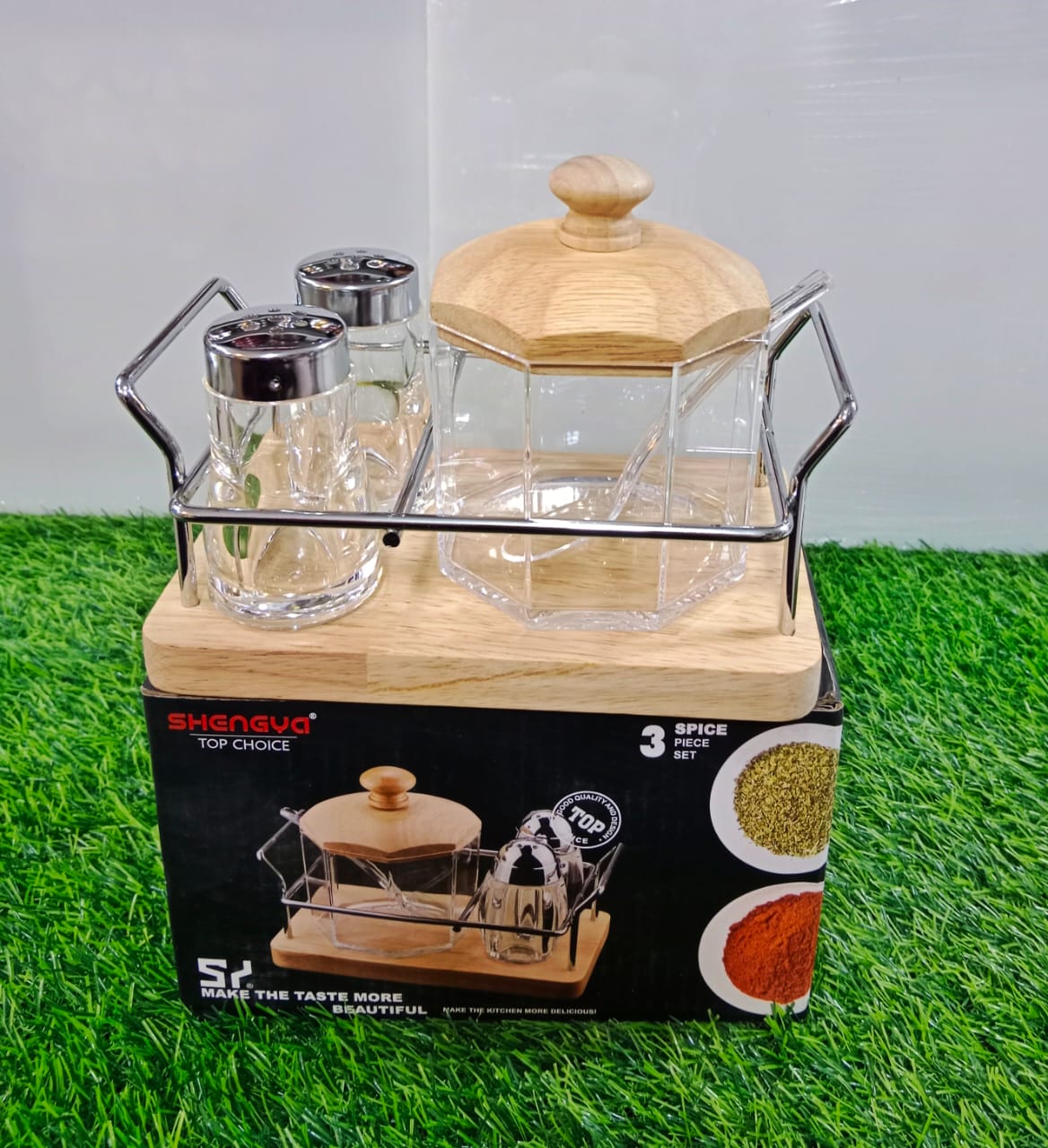 3 pc Cruet Set with Stainless Steel Stand | Tabletop Sugar pot and shakers