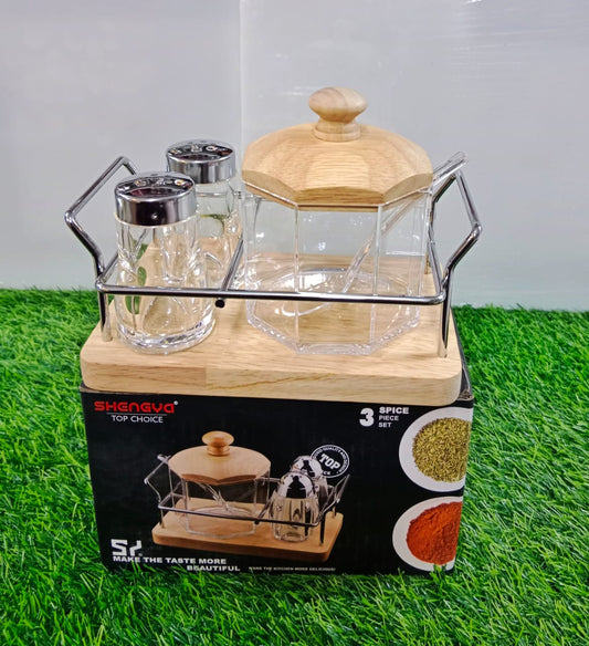 3 pc Cruet Set with Stainless Steel Stand | Tabletop Sugar pot and shakers