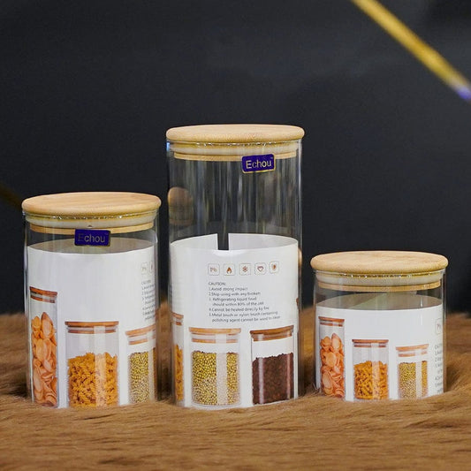 3pcs Bamboo Air-tight Glass storage Jar Set