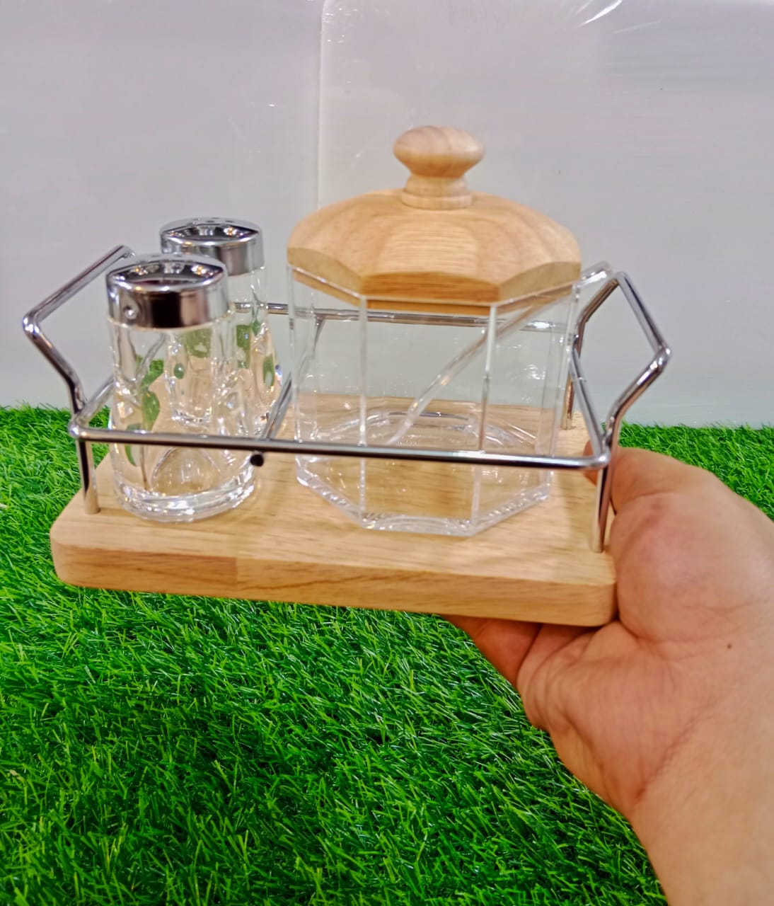 3 pc Cruet Set with Stainless Steel Stand | Tabletop Sugar pot and shakers