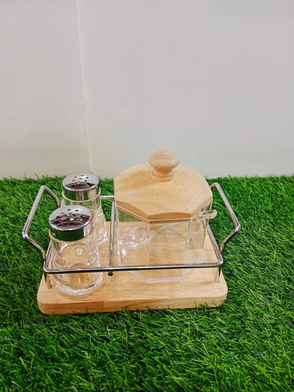 3 pc Cruet Set with Stainless Steel Stand | Tabletop Sugar pot and shakers