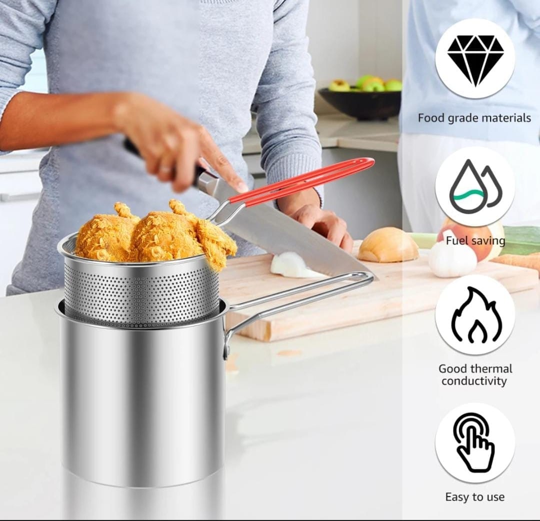 Portable Cooking Pot with Strainer Basket French Fries Fryer 304 Stainless Steel